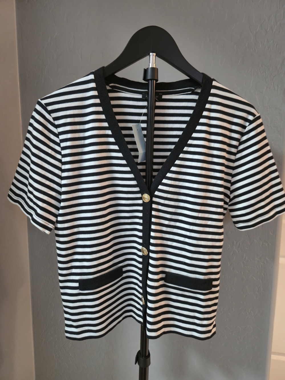 Ann Taylor Striped Knit Tee Cardigan Top XS Petite Black White NWT